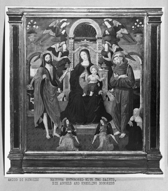 Anonimo — Alunno di Benozzo. Madonna and Child Enthroned with Sts John the Baptist and Francis, Six Angels, and a Kneeling Donoress — insieme